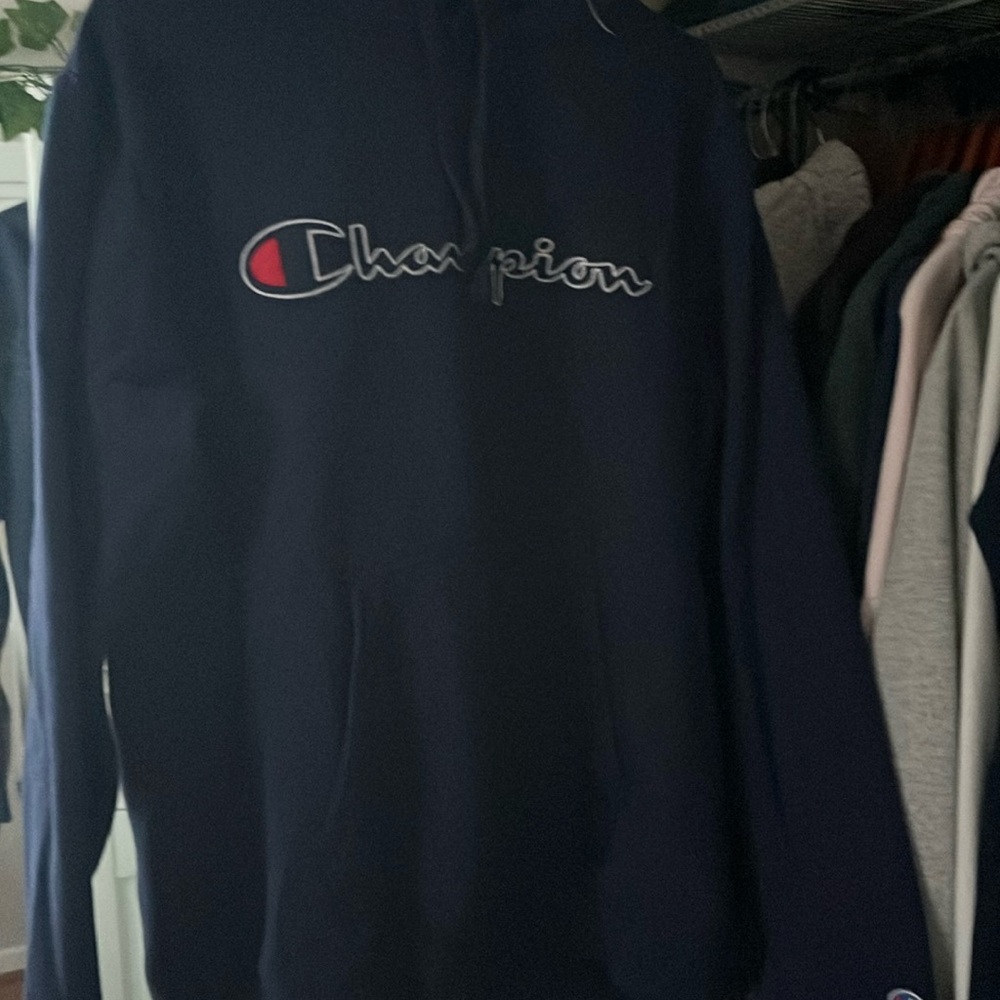 large navy blue heavyweight champion hoodie